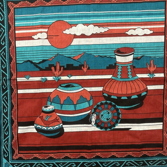 VTG Native Southwestern Native Pottery Bandana Handkerchief Teal Tribal Desert - Picture 4 of 7